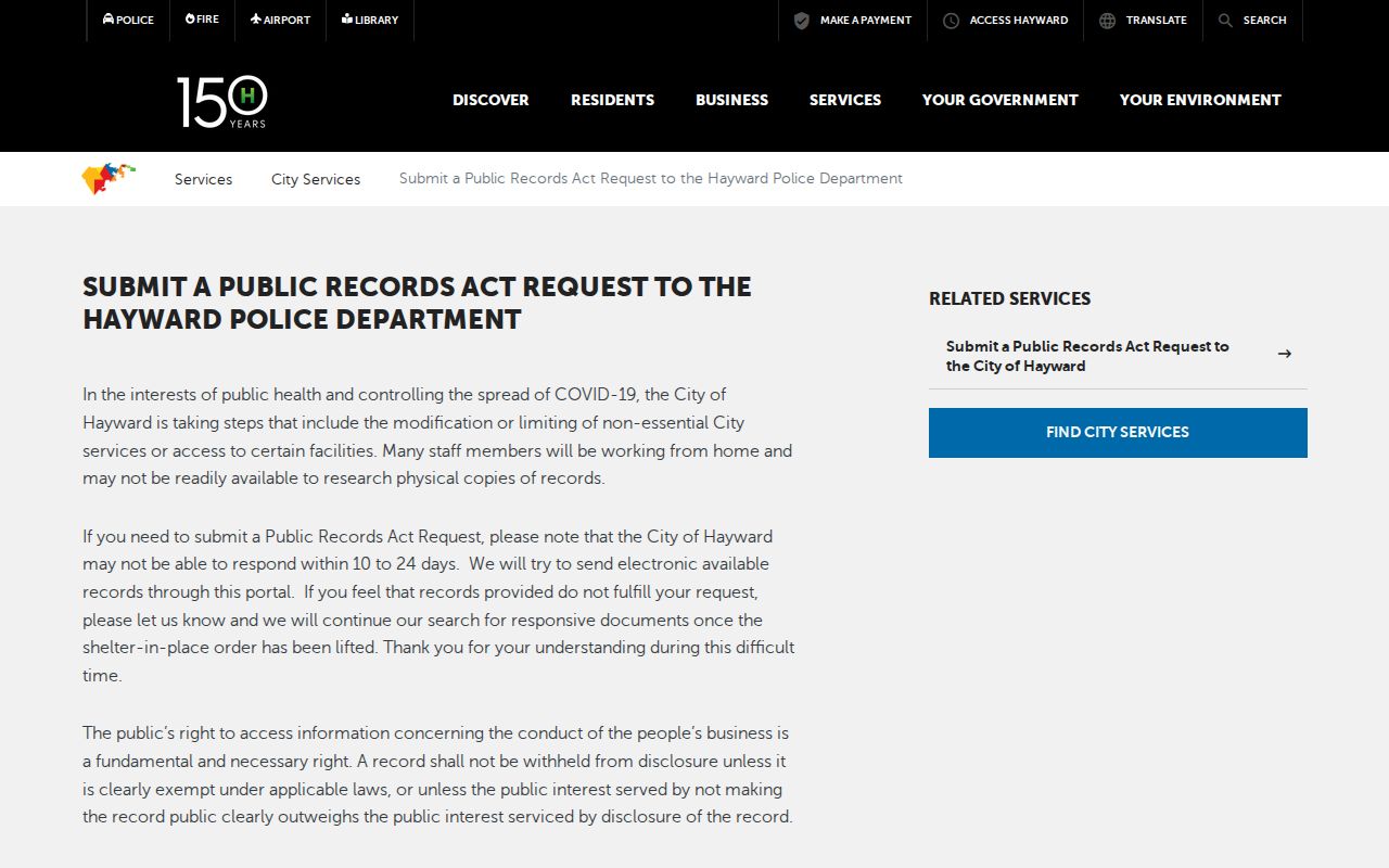 Hayward public records request page for police records